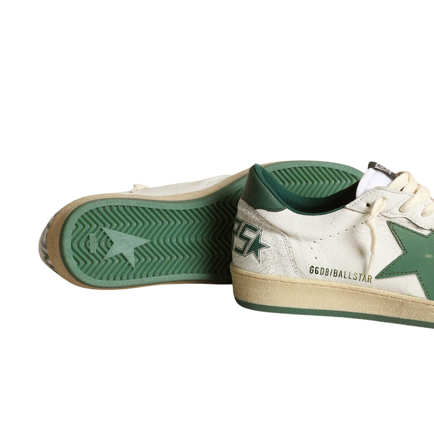 Golden Goose Ball Star white nappa leather with green leather star and heel tab
