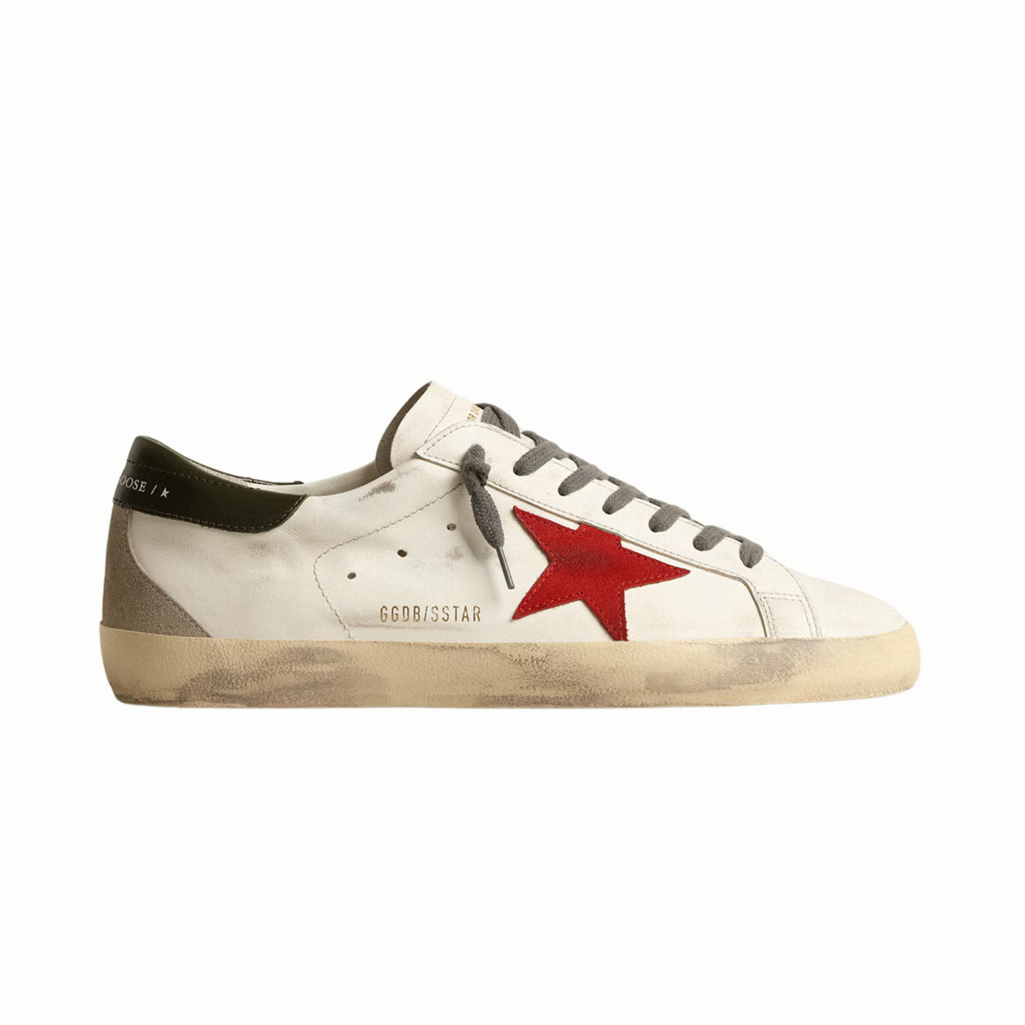 Golden Goose Super-Star with red suede star and green leather heel tab